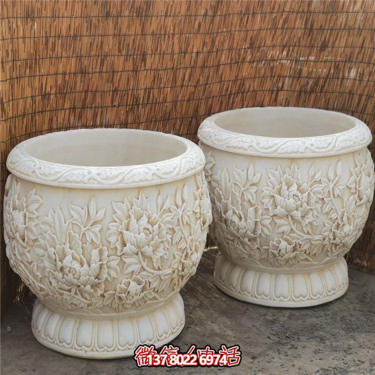 漢白玉浮雕荷花養(yǎng)魚(yú)缸，精美庭院裝飾戶(hù)外中式花盆