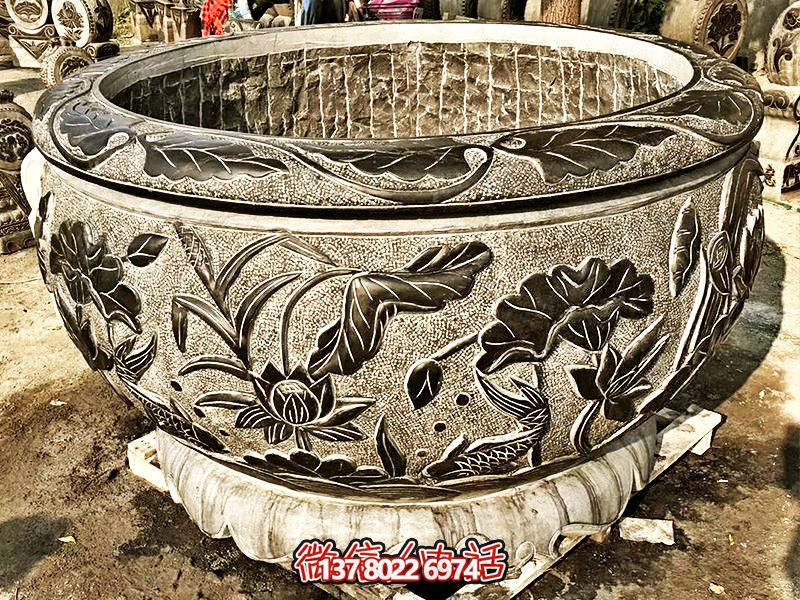 精美大理石浮雕蓮花缸，現(xiàn)代庭院裝飾雕塑