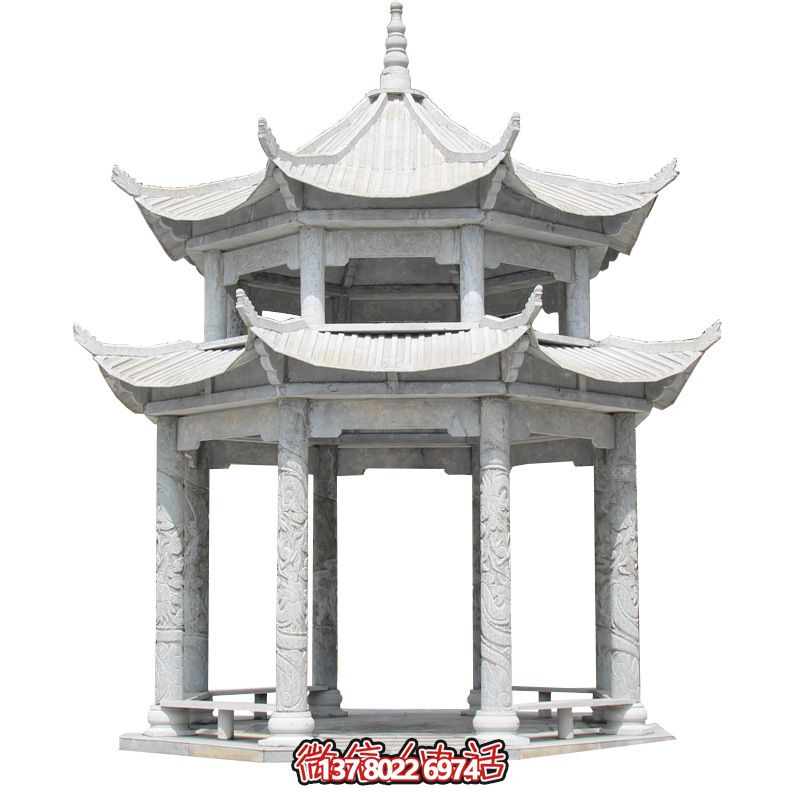 精美大理石雙層柱涼亭，雕塑點(diǎn)綴休息亭