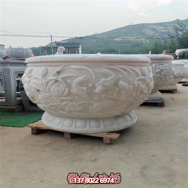 古典經(jīng)典，漢白玉鯉魚雕刻圓形水缸