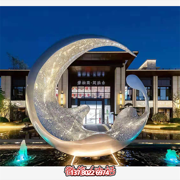 不銹鋼月亮水滴雕塑，透光水景裝飾雕塑